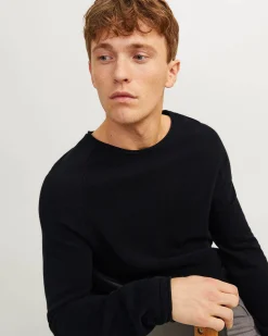 Maglia girocollo Jack & Jones nera in puro cotone lavorato a punto pepe con maniche raglan