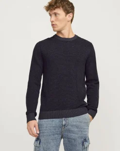 Maglia girocollo Jack & Jones grigio antracite in puro cotone punto mimosa regular-fit con etichetta logo sul fianco