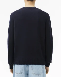 Maglia girocollo Lacoste blu in lambswool di pura lana