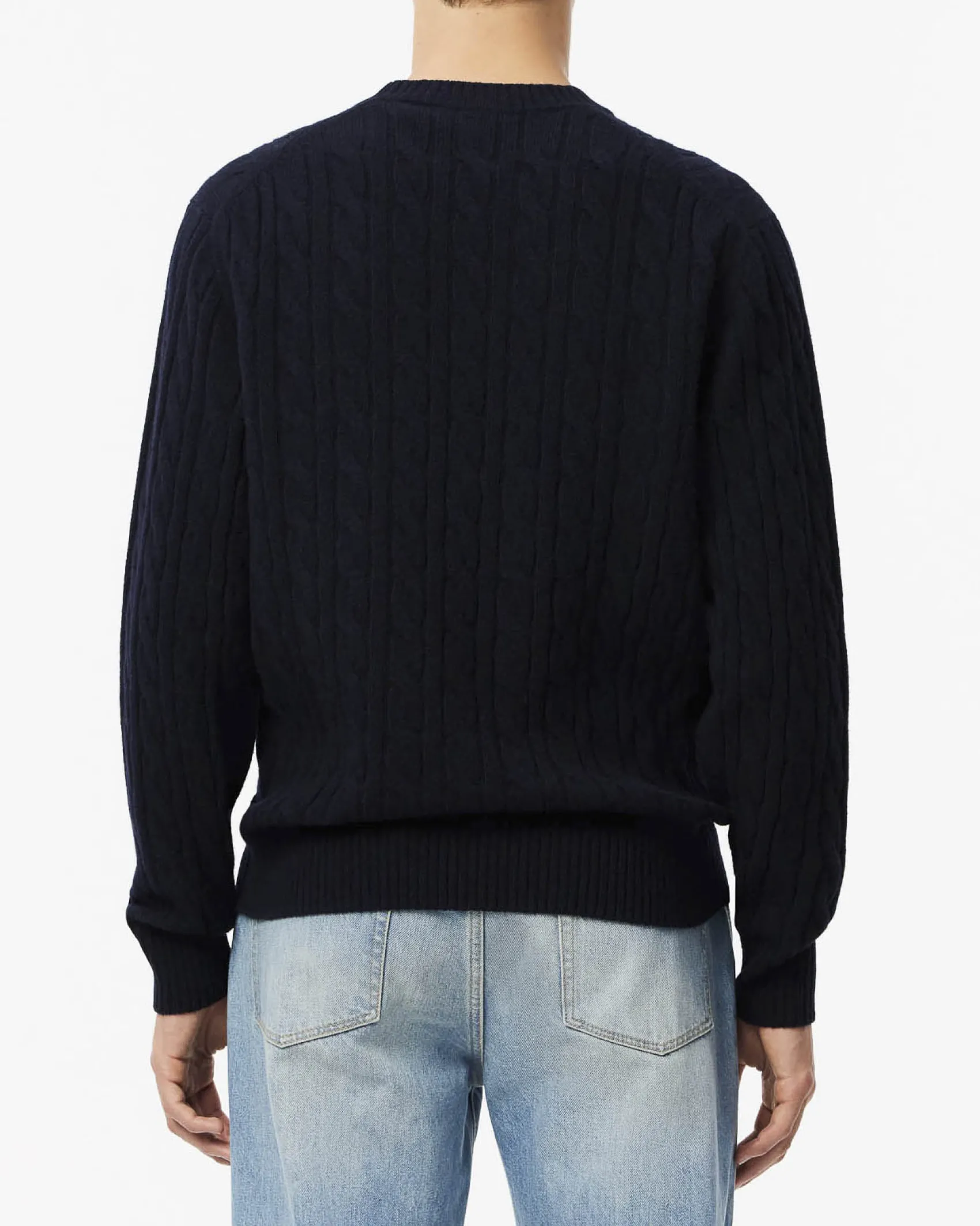 Maglia girocollo Lacoste blu in lambswool di pura lana lavorata a trecce