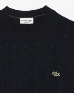 Maglia girocollo Lacoste blu in lambswool di pura lana lavorata a trecce