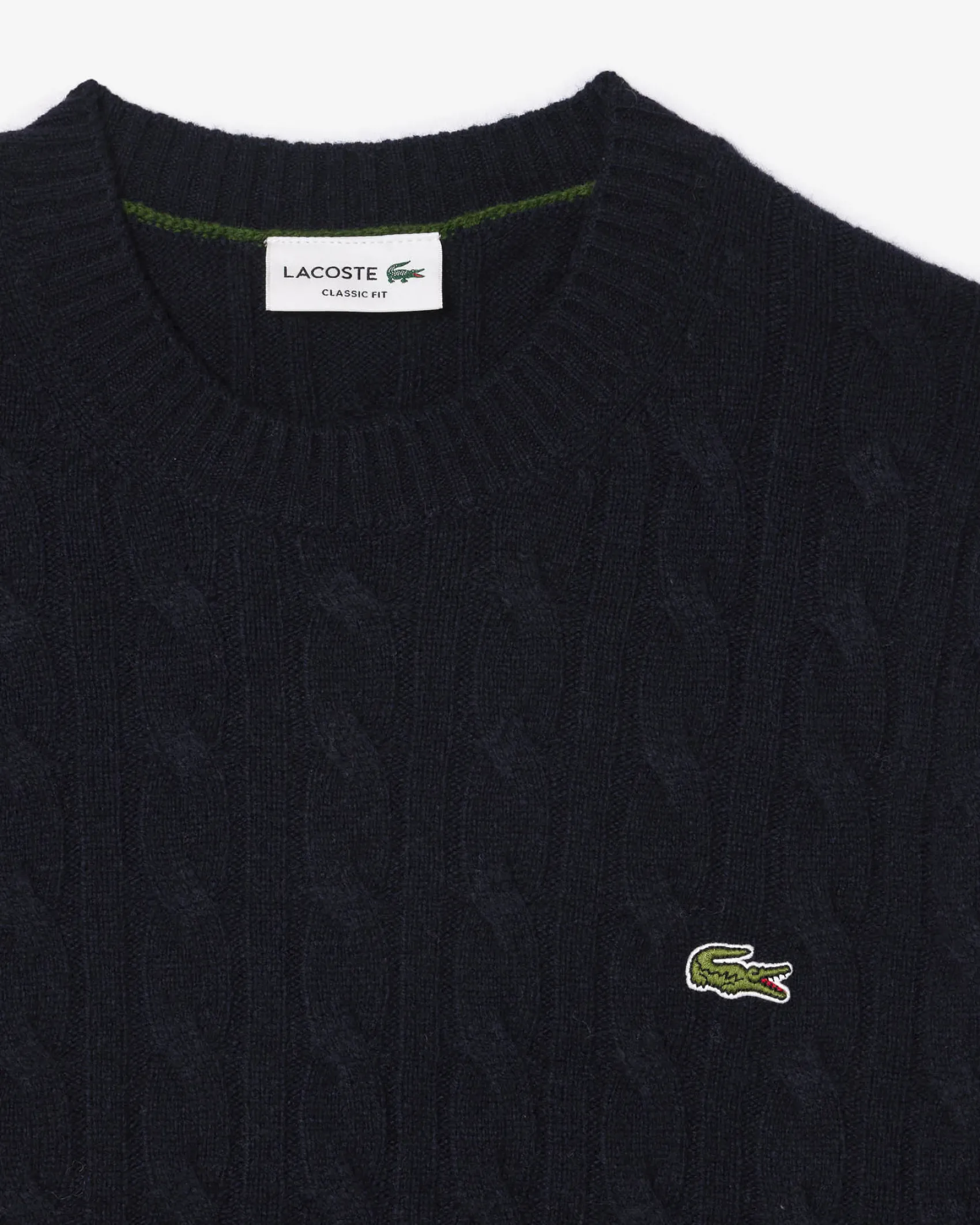 Maglia girocollo Lacoste blu in lambswool di pura lana lavorata a trecce