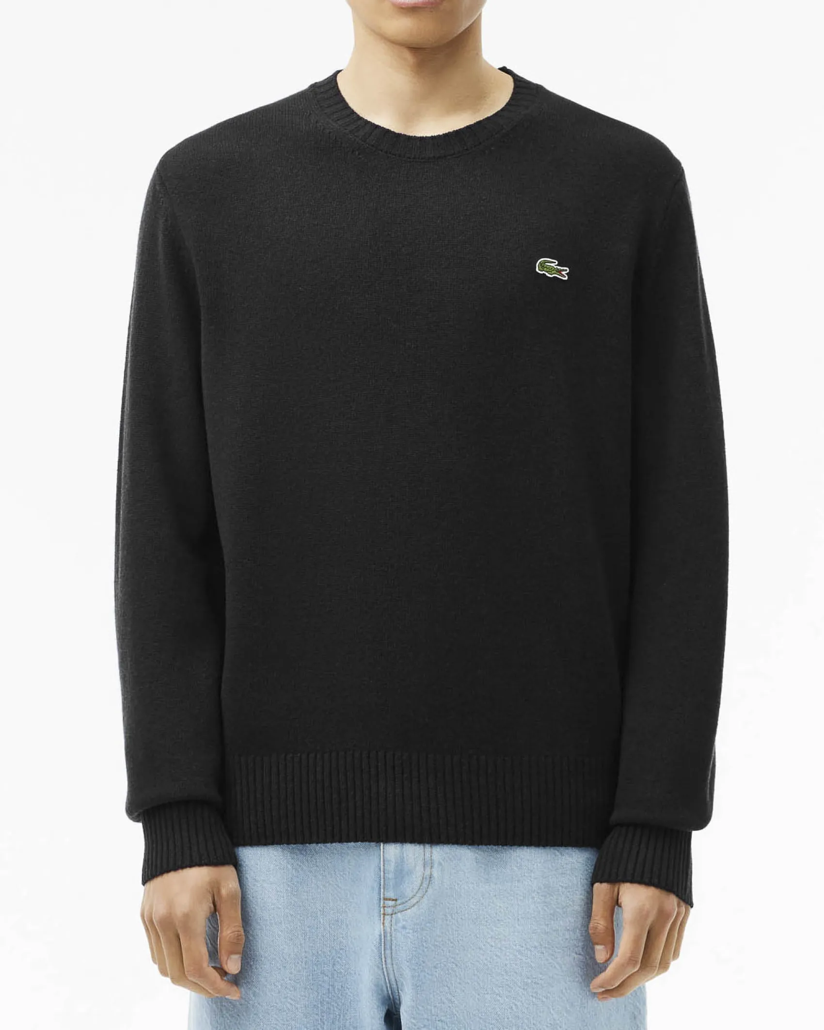 Maglia girocollo Lacoste nera in lambswool di pura lana