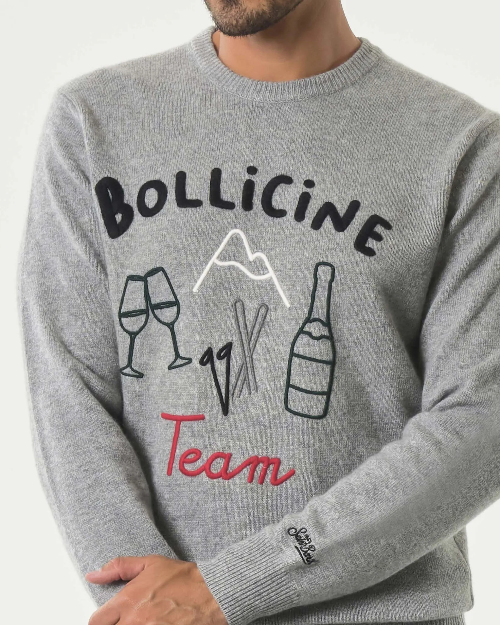 Maglia girocollo MC2 Saint Barth grigia in lana e cashmere con ricamo Bollicine Team