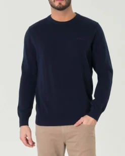Maglia girocollo MC2 Saint Barth blu in lana viscosa e cashmere con logo ricamato in tono sul petto