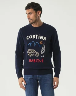 Maglia girocollo MC2 Saint Barth blu in lana e cashmere con ricamo Cortina Habitué