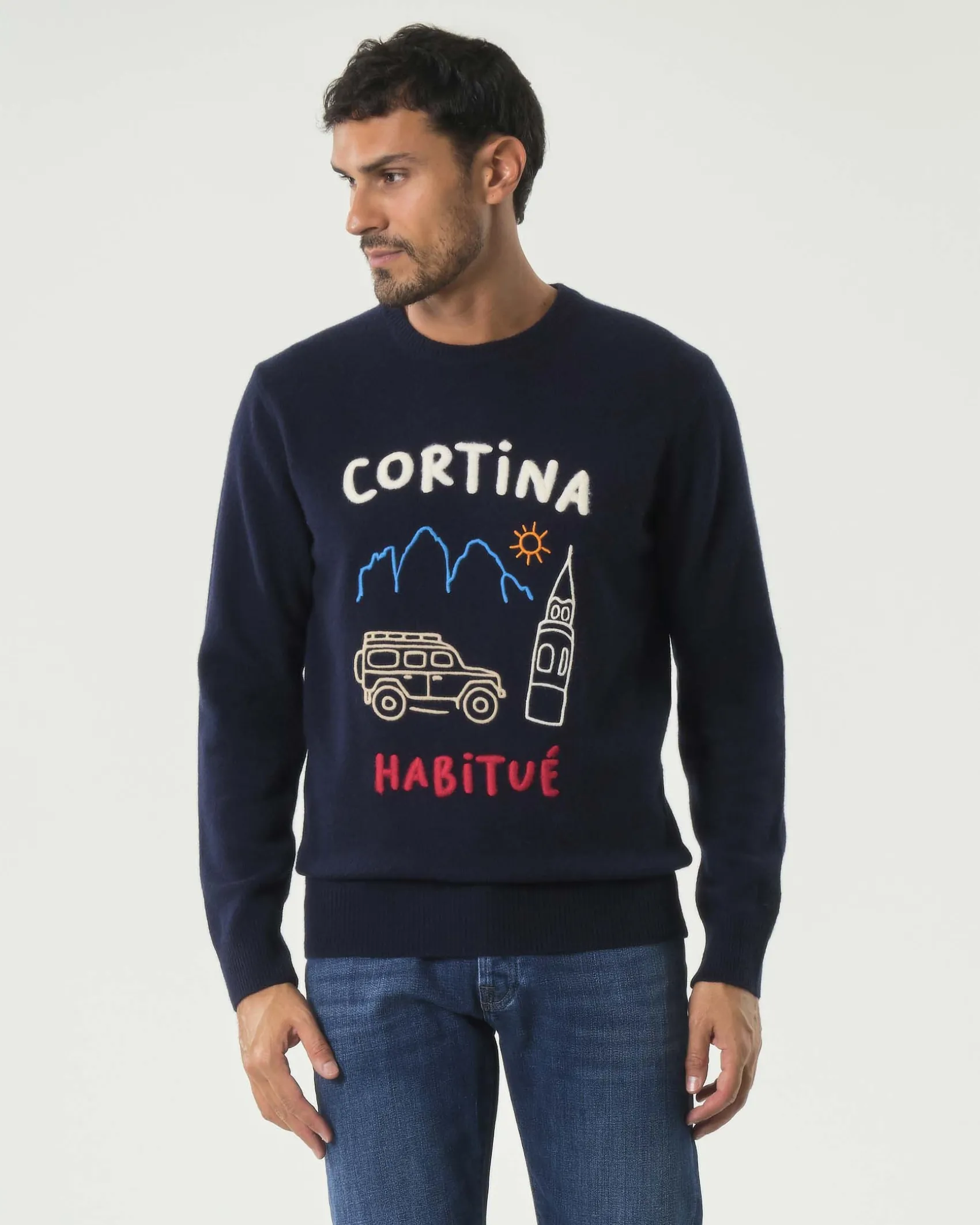 Maglia girocollo MC2 Saint Barth blu in lana e cashmere con ricamo Cortina Habitué