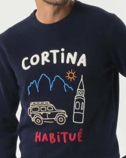 Maglia girocollo MC2 Saint Barth blu in lana e cashmere con ricamo Cortina Habitué