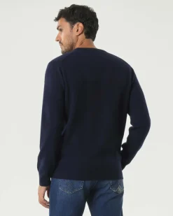 Maglia girocollo MC2 Saint Barth blu in lana e cashmere con ricamo Cortina Habitué