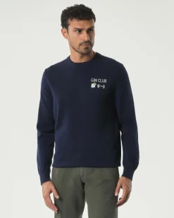 Maglia girocollo MC2 Saint Barth blu in lana e cashmere con ricamo Gin Club sul petto