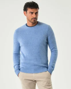 Maglia girocollo MC2 Saint Barth azzurra in alpaca con logo ricamato in tono sul petto
