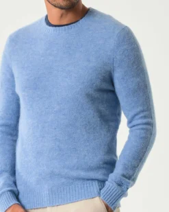 Maglia girocollo MC2 Saint Barth azzurra in alpaca con logo ricamato in tono sul petto