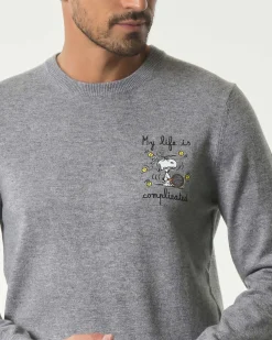 Maglia girocollo MC2 Saint Barth grigia in lana e cashmere con ricamo My Life Is Complicated