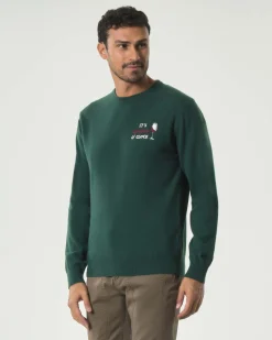 Maglia girocollo MC2 Saint Barth verde in lana e cashmere con ricamo It's Wine O'Clock sul petto