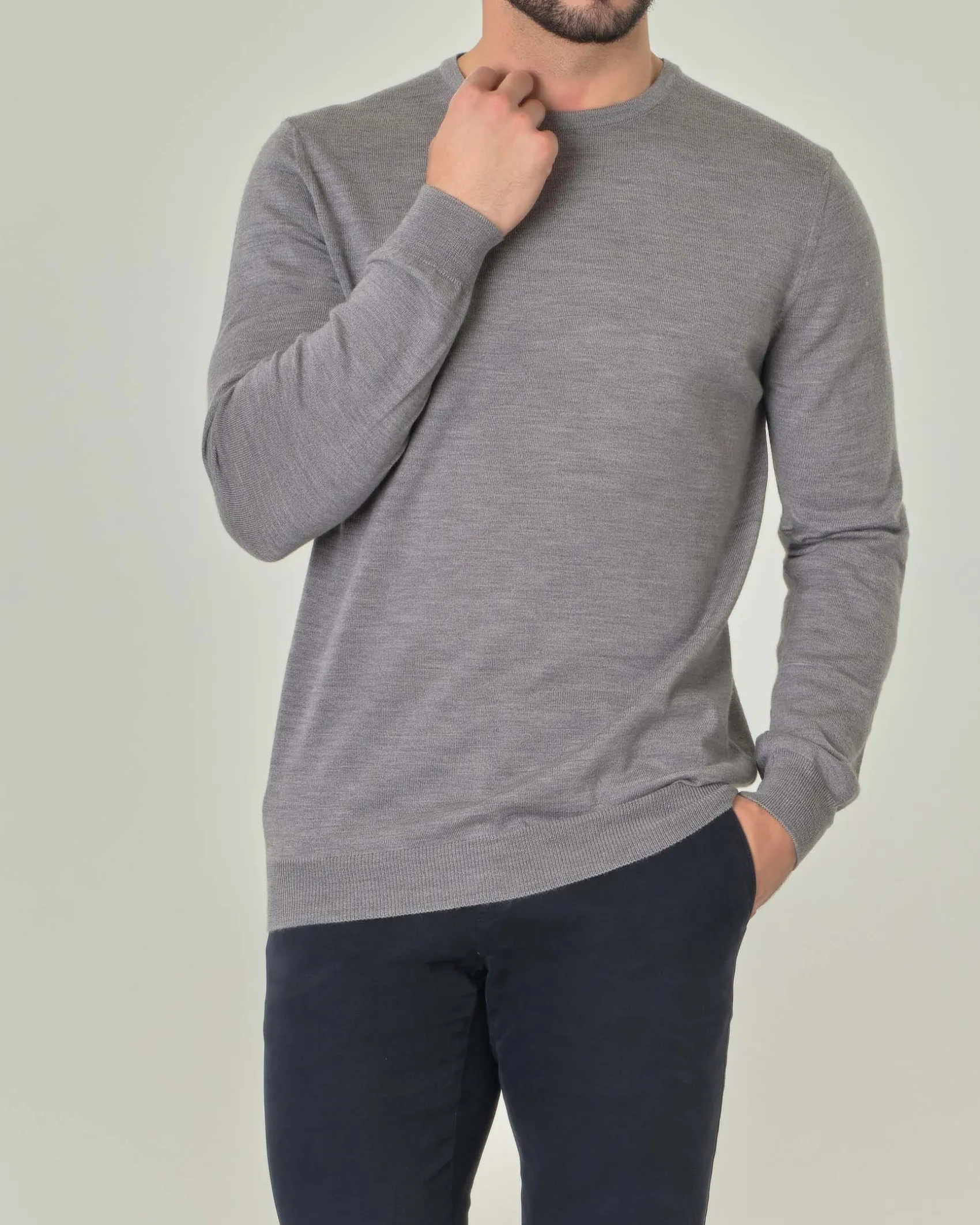 Maglia girocollo Pellizzari grigia in pura lana merino