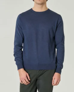 Maglia girocollo Pellizzari blu denim in pura lana merinos ultrafine