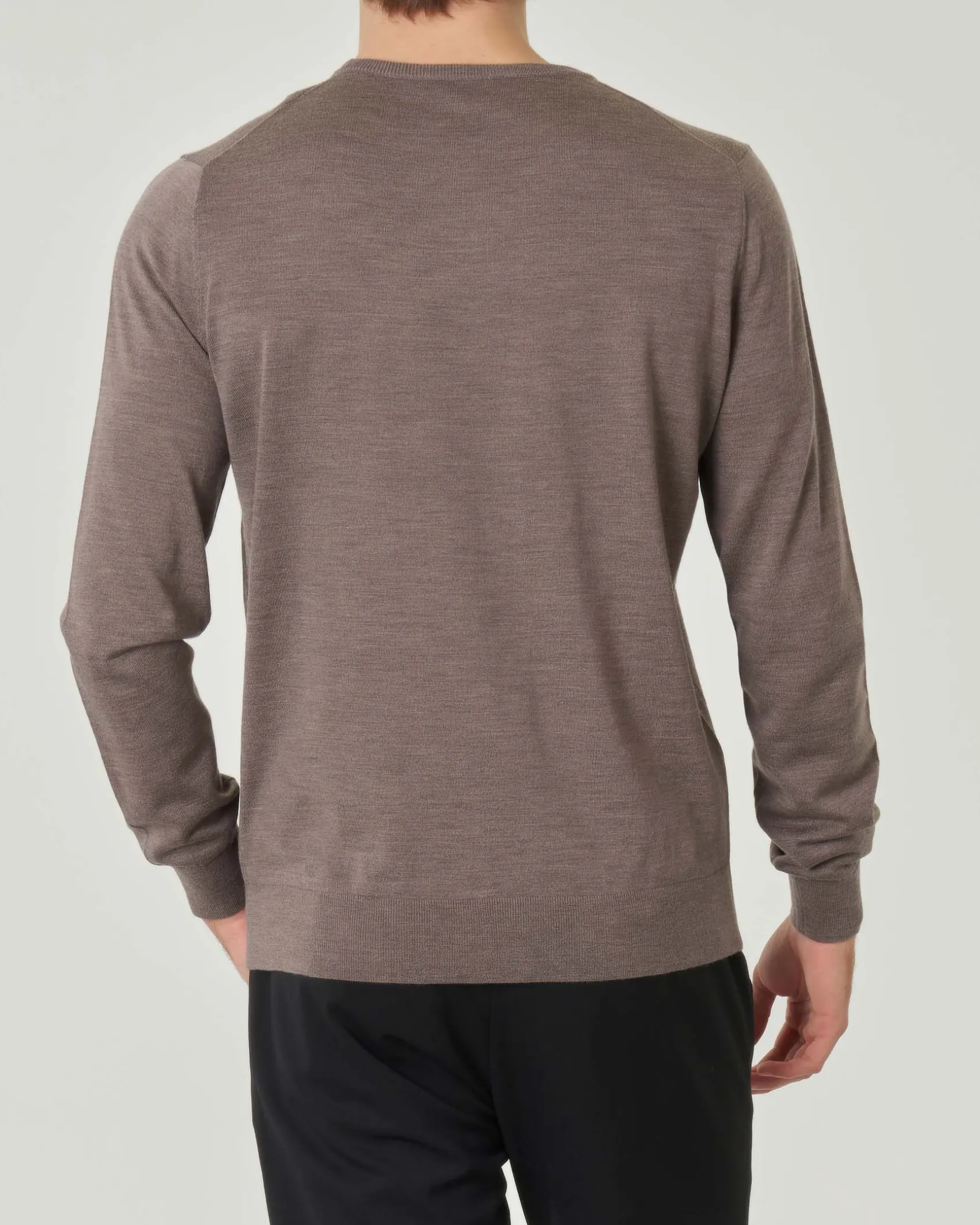 Maglia girocollo Pellizzari color noce melange in pura lana merinos ultrafine