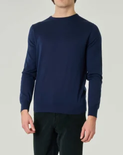 Maglia girocollo Pellizzari blu in pura lana merinos ultrafine