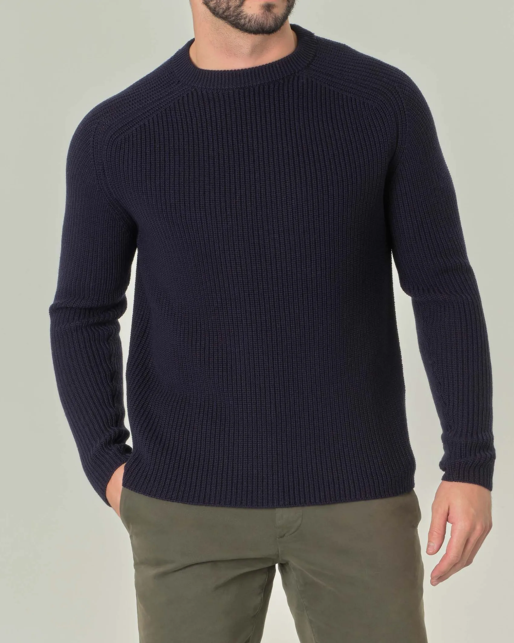 Maglia girocollo Pellizzari blu navy in pura lana merinos finezza 7 lavorato a coste inglesi