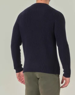 Maglia girocollo Pellizzari blu navy in pura lana merinos finezza 7 lavorato a coste inglesi