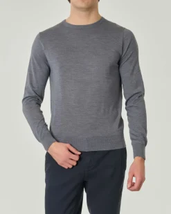 Maglia girocollo Pellizzari grigio melange in pura lana merinos ultrafine