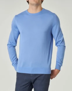 Maglia girocollo Pellizzari azzurra in pura lana merinos ultrafine