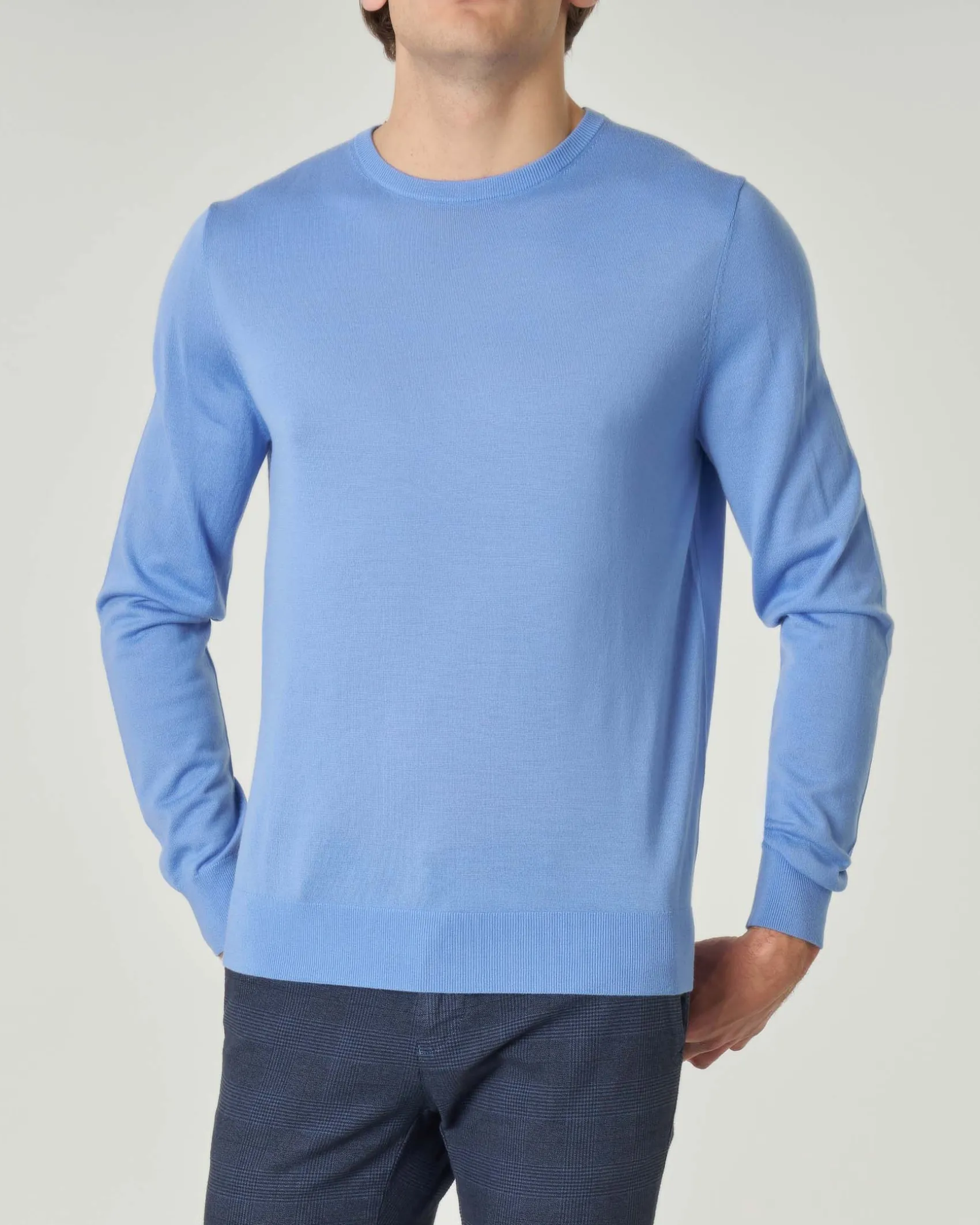 Maglia girocollo Pellizzari azzurra in pura lana merinos ultrafine