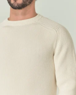 Maglia girocollo Pellizzari bianca in pura lana merinos finezza 7 lavorato a coste inglesi