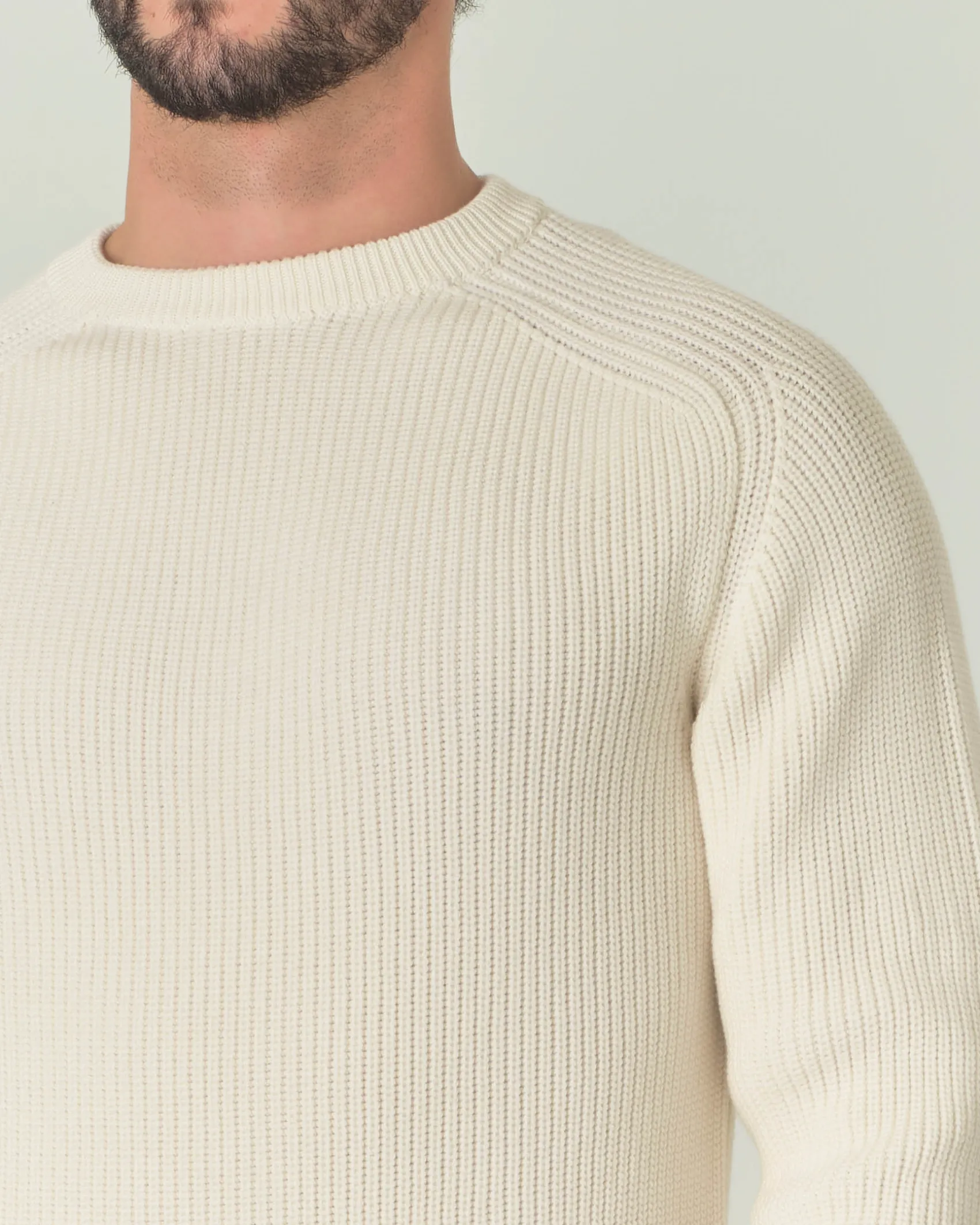 Maglia girocollo Pellizzari bianca in pura lana merinos finezza 7 lavorato a coste inglesi