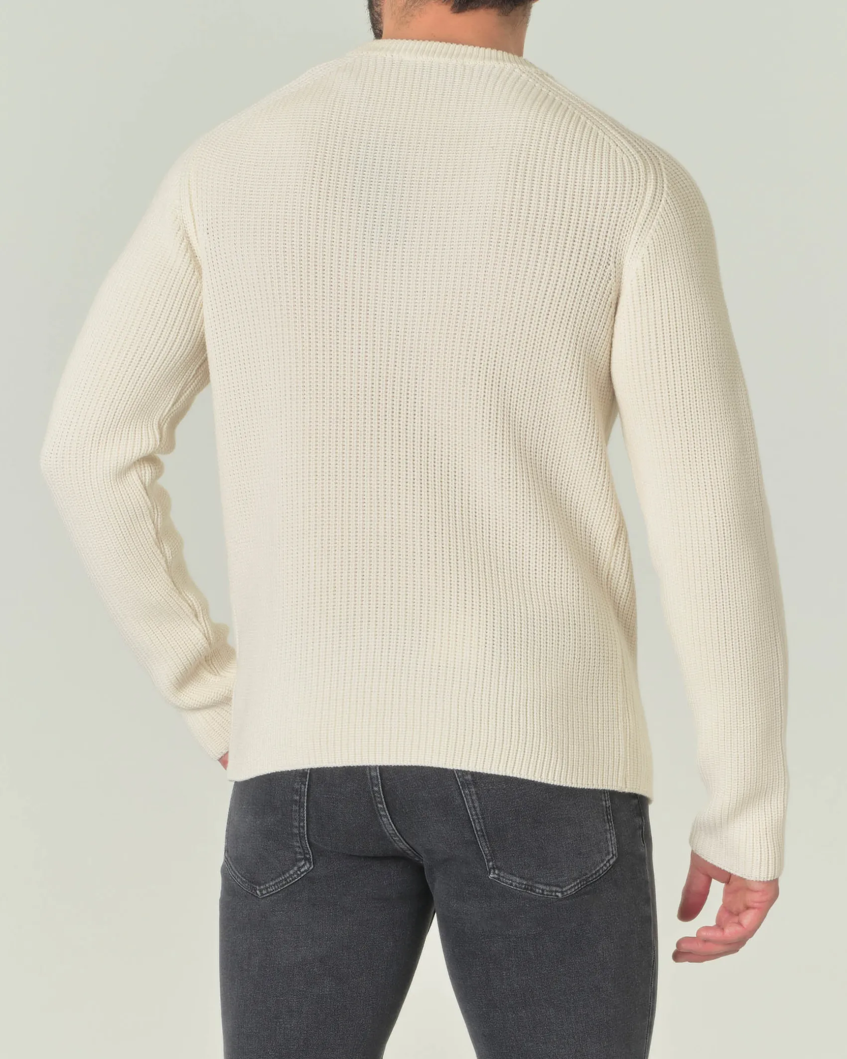 Maglia girocollo Pellizzari bianca in pura lana merinos finezza 7 lavorato a coste inglesi