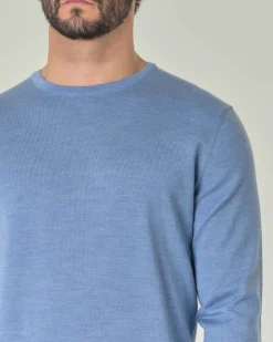 Maglia girocollo Pellizzari azzurra in pura lana merino