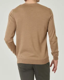 Maglia girocollo Pellizzari color cammello in pura lana merino