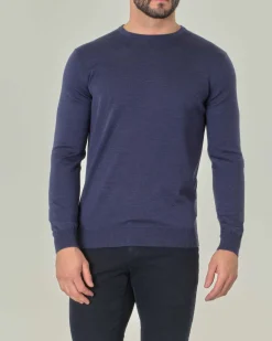 Maglia girocollo Pellizzari blu melange in pura lana merino