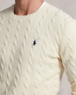 Maglia girocollo Polo Ralph Lauren color panna in lana e cashmere lavorata a trecce con logo pony ricamato in tono