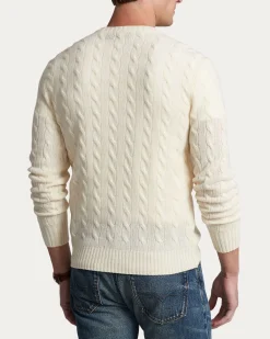 Maglia girocollo Polo Ralph Lauren color panna in lana e cashmere lavorata a trecce con logo pony ricamato in tono