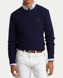 Maglia girocollo Polo Ralph Lauren blu in lana e cashmere lavorata a trecce con logo pony ricamato