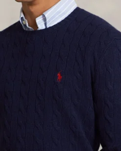Maglia girocollo Polo Ralph Lauren blu in lana e cashmere lavorata a trecce con logo pony ricamato