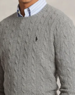 Maglia girocollo Polo Ralph Lauren grigia in lana e cashmere lavorata a trecce con logo pony ricamato in tono