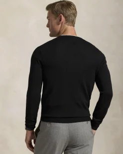 Maglia girocollo Polo Ralph Lauren nera in pura lana merino con logo pony ricamato in tono sul petto