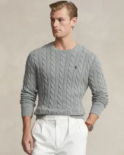 Maglia girocollo Polo Ralph Lauren grigia a trecce in cotone con logo pony blu ricamato sul petto