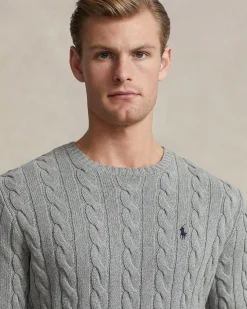 Maglia girocollo Polo Ralph Lauren grigia a trecce in cotone con logo pony blu ricamato sul petto