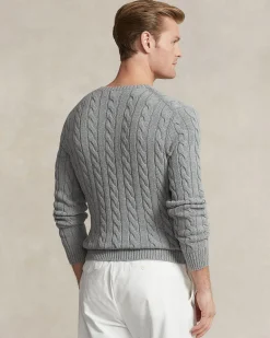 Maglia girocollo Polo Ralph Lauren grigia a trecce in cotone con logo pony blu ricamato sul petto