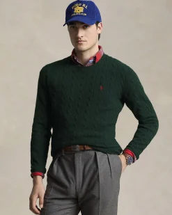 Maglia girocollo Polo Ralph Lauren verde in lana e cashmere lavorata a trecce con logo pony ricamato