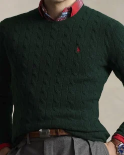 Maglia girocollo Polo Ralph Lauren verde in lana e cashmere lavorata a trecce con logo pony ricamato