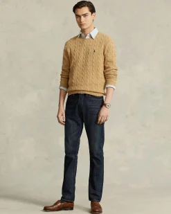 Maglia girocollo Polo Ralph Lauren color cammello in lana e cashmere lavorata a trecce con logo pony ricamato blu