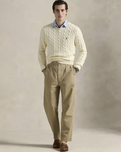 Maglia girocollo Polo Ralph Lauren color panna in cotone a trecce con logo pony blu ricamato sul petto