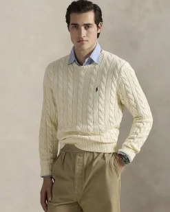 Maglia girocollo Polo Ralph Lauren color panna in cotone a trecce con logo pony blu ricamato sul petto