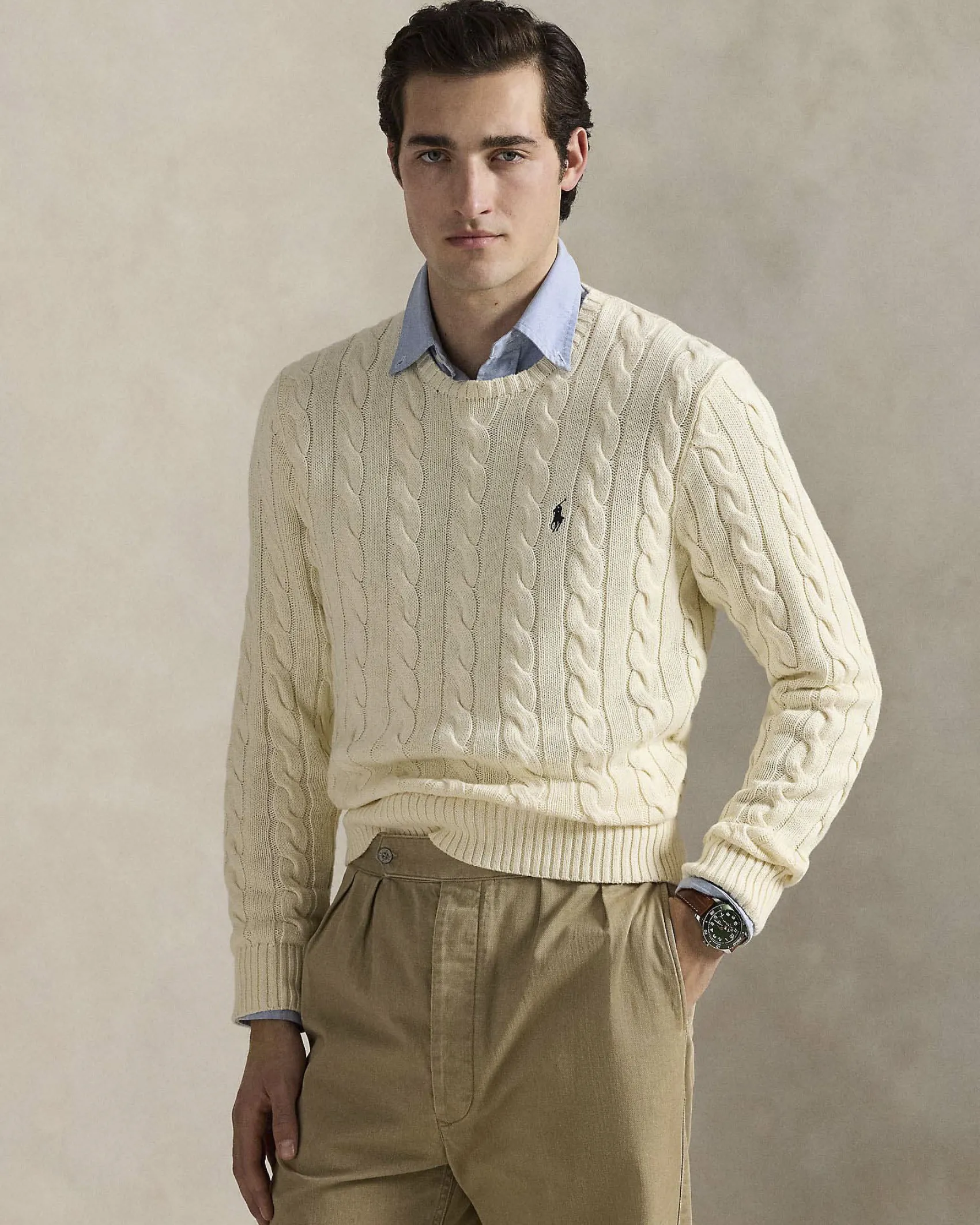 Maglia girocollo Polo Ralph Lauren color panna in cotone a trecce con logo pony blu ricamato sul petto
