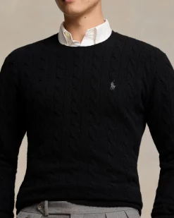 Maglia girocollo Polo Ralph Lauren nera in lana e cashmere lavorata a trecce con logo pony ricamato in tono