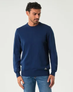 Maglia girocollo Roy Roger's blu indaco regular-fit in puro cotone con patch logo sul fianco